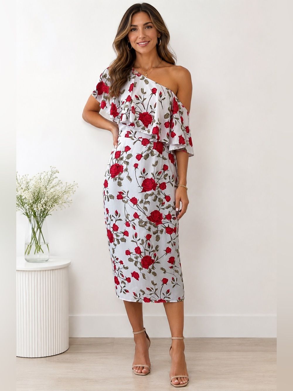Fame and Partners Dress Rose Floral Ruffle One Shoulder Cottagecore Size 6 NWT